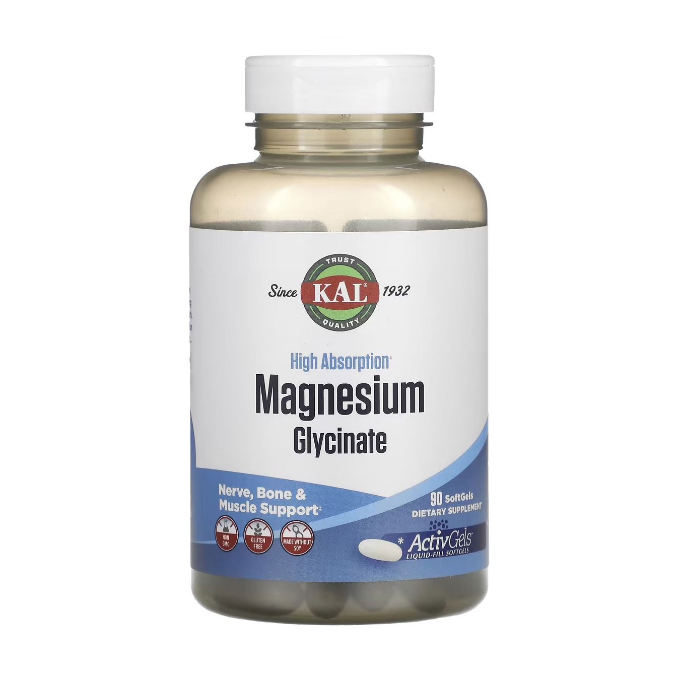 Магній гліцинат KAL High Absorption Magnesium Glycinate високої засвоюваності, 315 мг, 90 капсул